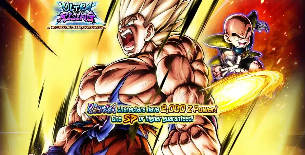 Promotional Dragon Ball Legends “Ultra Rising: You Mean Krillin, Don’t You?!” summon banner. A muscular Super Saiyan Goku roars amid a bright yellow energy burst while Krillin, on the right, hurls a golden Destructo Disc. On-screen text reads, “Ultra characters have 2,000 Z Power. One SP or higher guaranteed.