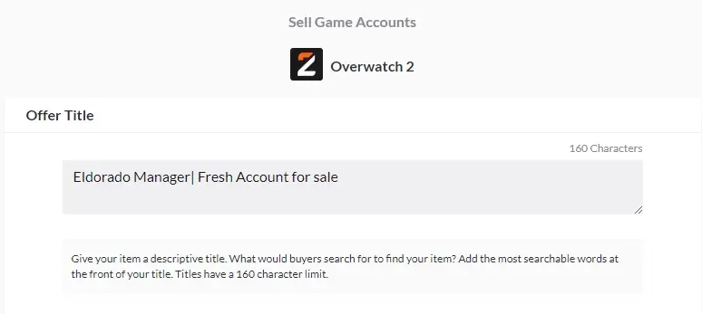 A clear screenshot of how to sell a game account on Eldorado.gg