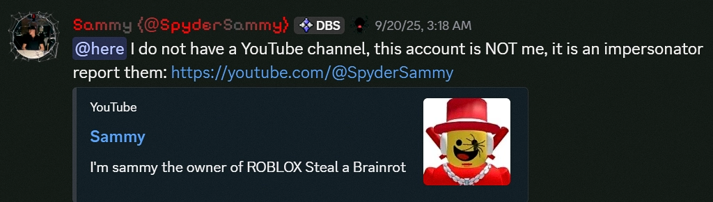 Sammy warns about a fake SpyderSammy YouTube account