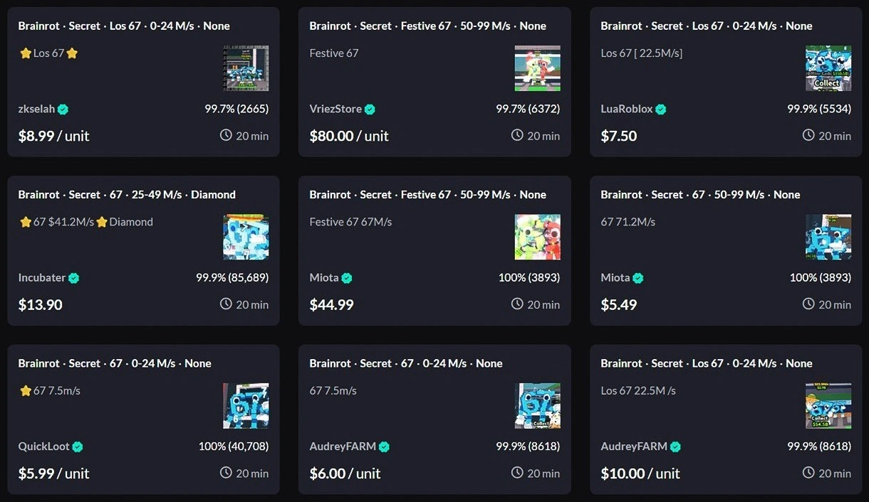 67 brainrots on the Eldorado marketplace