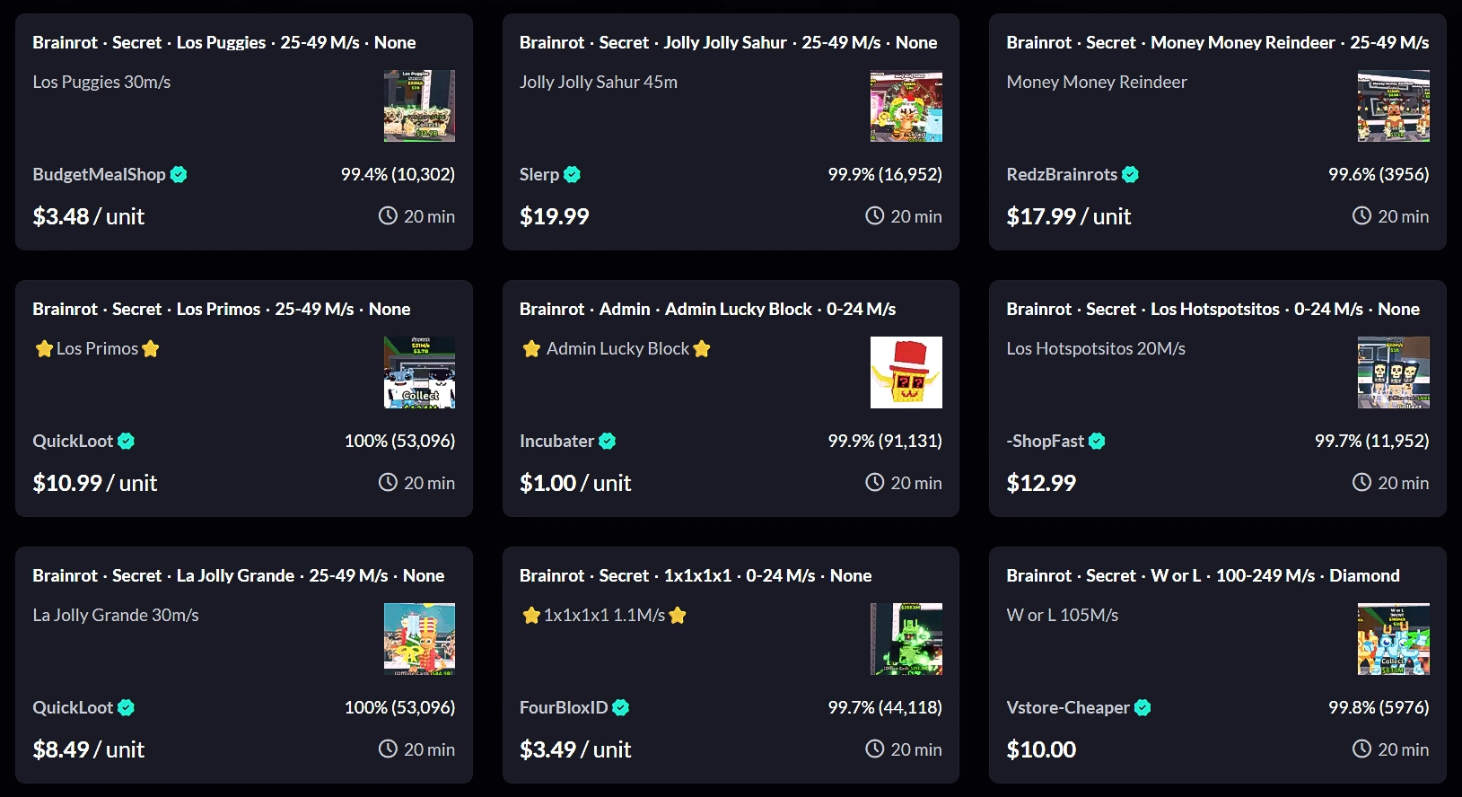 A variety of brainrots for sale on Eldorado