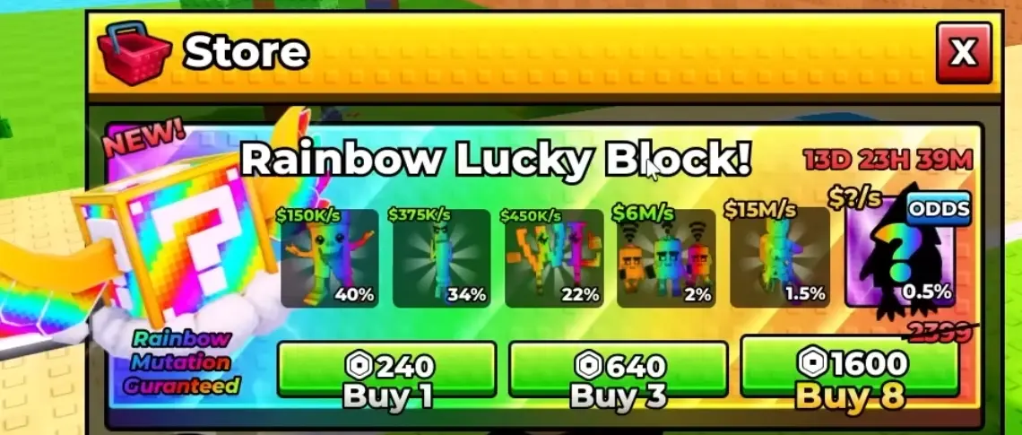 Kick a Lucky Block Rainbow lucky blocks in shop