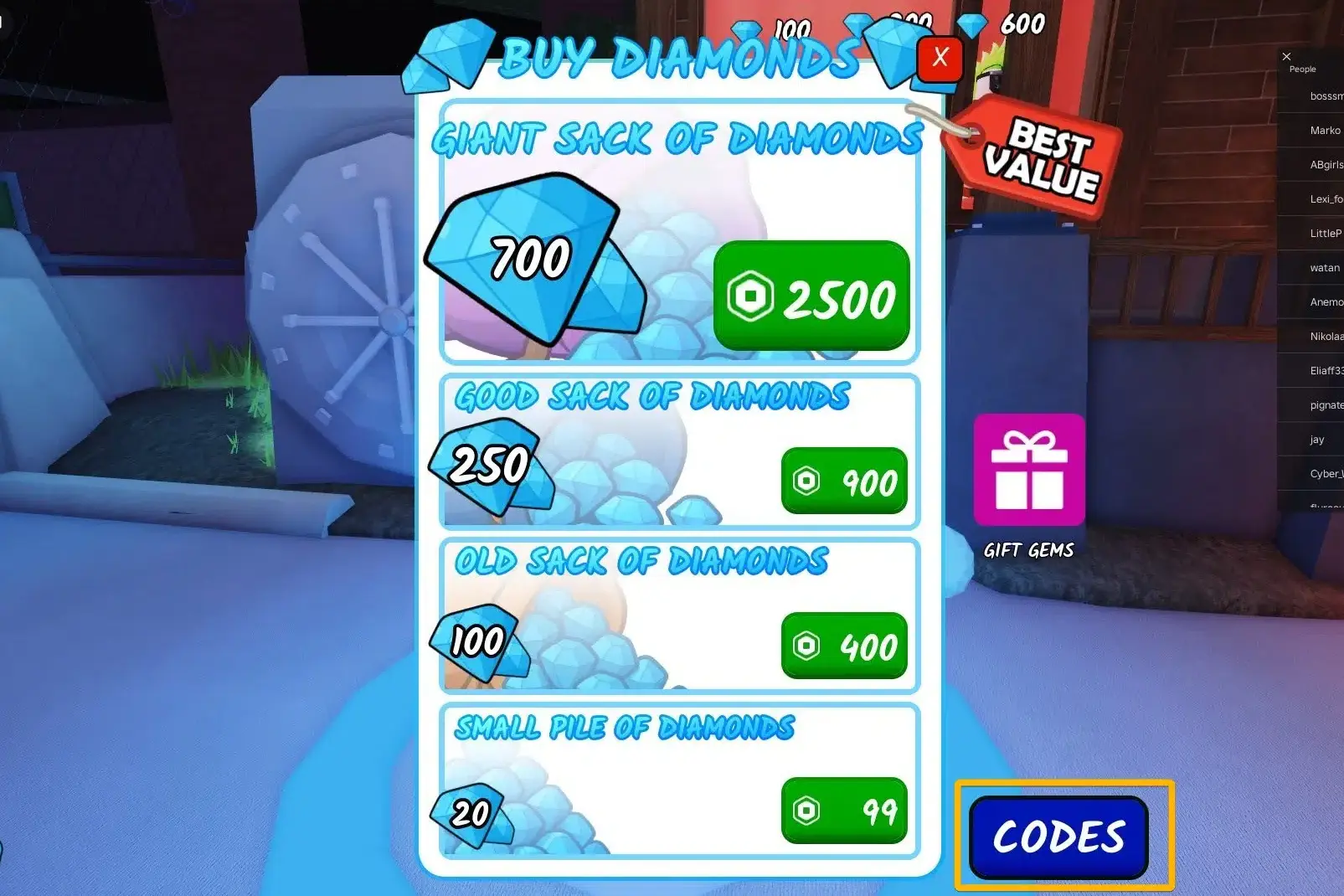 Codes menu in 99 nights in the Forest