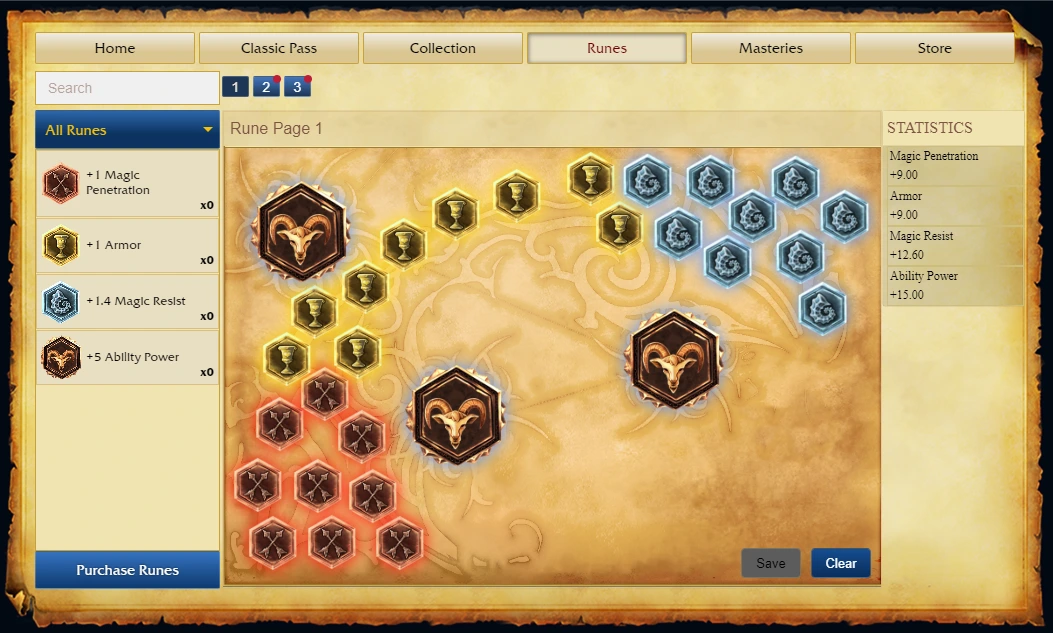 League of Legends Classic Rune page with Mark, Seal, Glyph and Quintessence slots