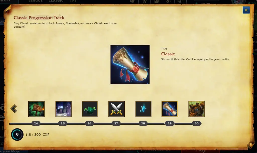 League of Legends Classic progression track showing levels and rewards