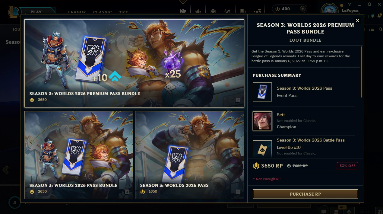 Worlds Battle Passes in the LoL Client